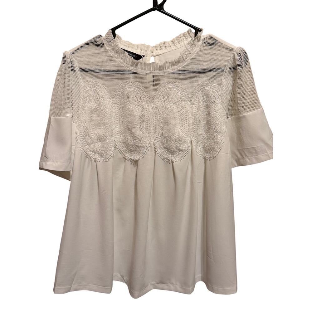 Dokotoo Women's White Lace Mesh Blouse Ruffle Neck Boho Top NWT L - Picture 2 of 9